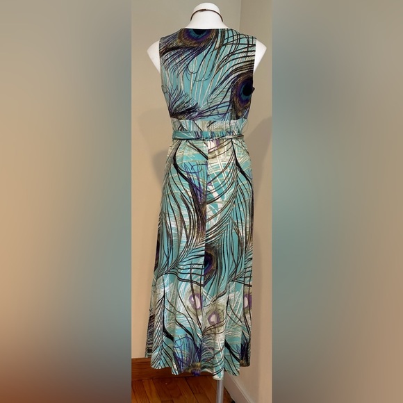 Kasper Beautiful Colors Peacock Feather Maxi V Neck Tie In Front Dress SZ PM - Picture 6 of 13